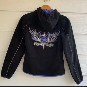 Harley Davidson Embroidered Fleece Motorcycle Jacket Womens XS Black Hooded